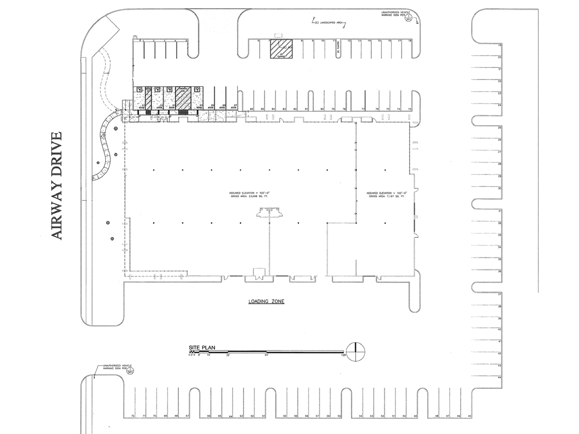 Site plan of 3286 Airway Drive showing the building, loading zone and surrounding parking
